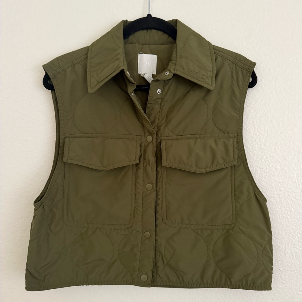 H&M Women Quilted Cropped Utility Vest Green/Olive
